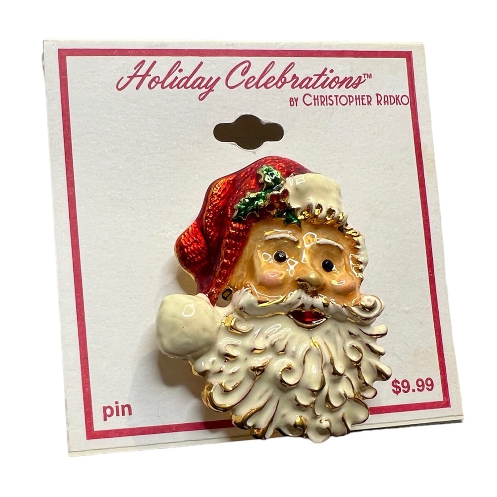 Christopher Radko Gold Tone Enamel Santa Claus Face Christmas Brooch Pin
